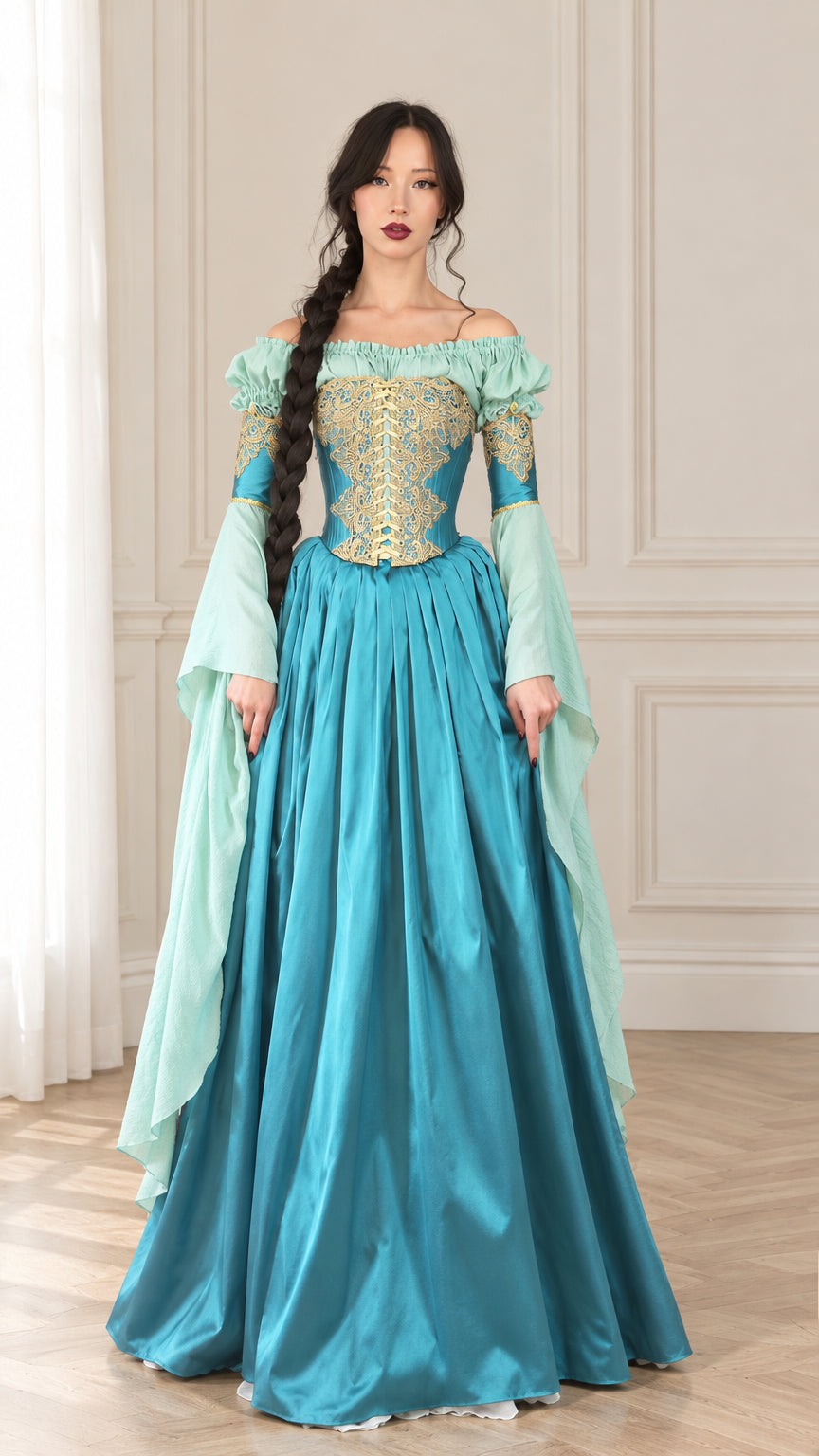 Front full view of woman wearing Teal Blue Renaissance corset gown with gold embroidery and long draped bell sleeves