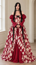 Front full-length view of model wearing Burgundy gothic harlequin corset ball gown