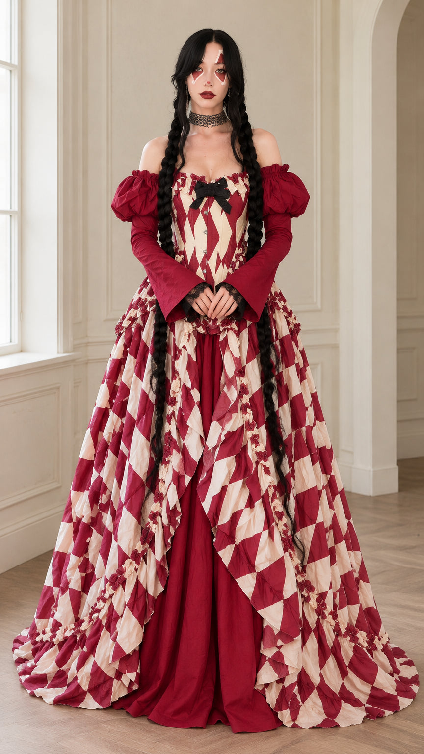 Front full-length view of model wearing Burgundy gothic harlequin corset ball gown