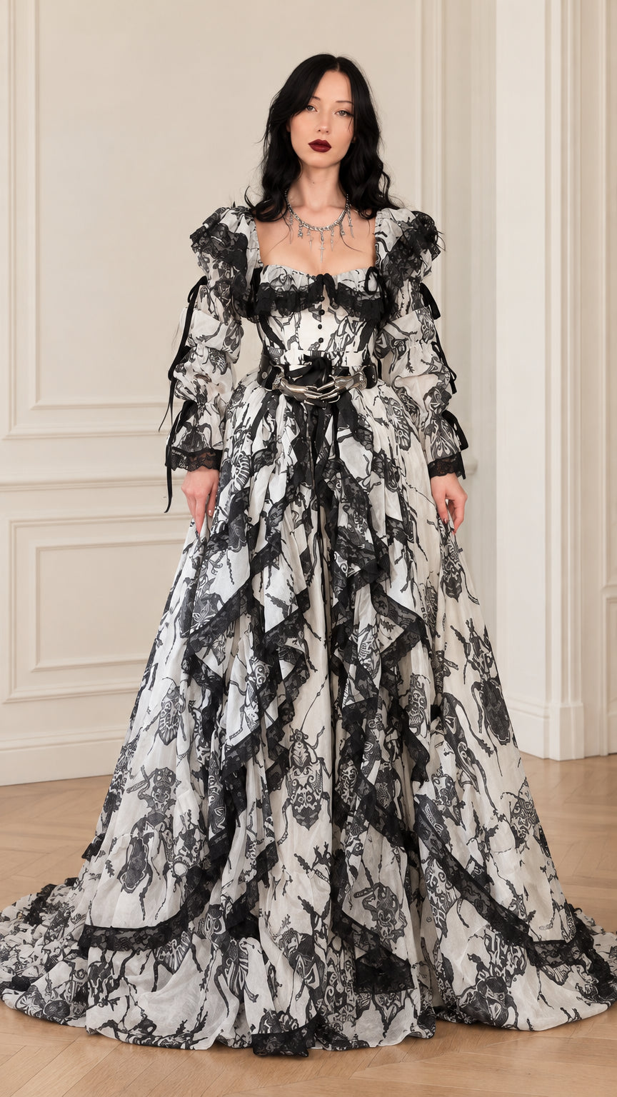 Front full view of woman wearing white and black gothic baroque lace ruffle maxi gown