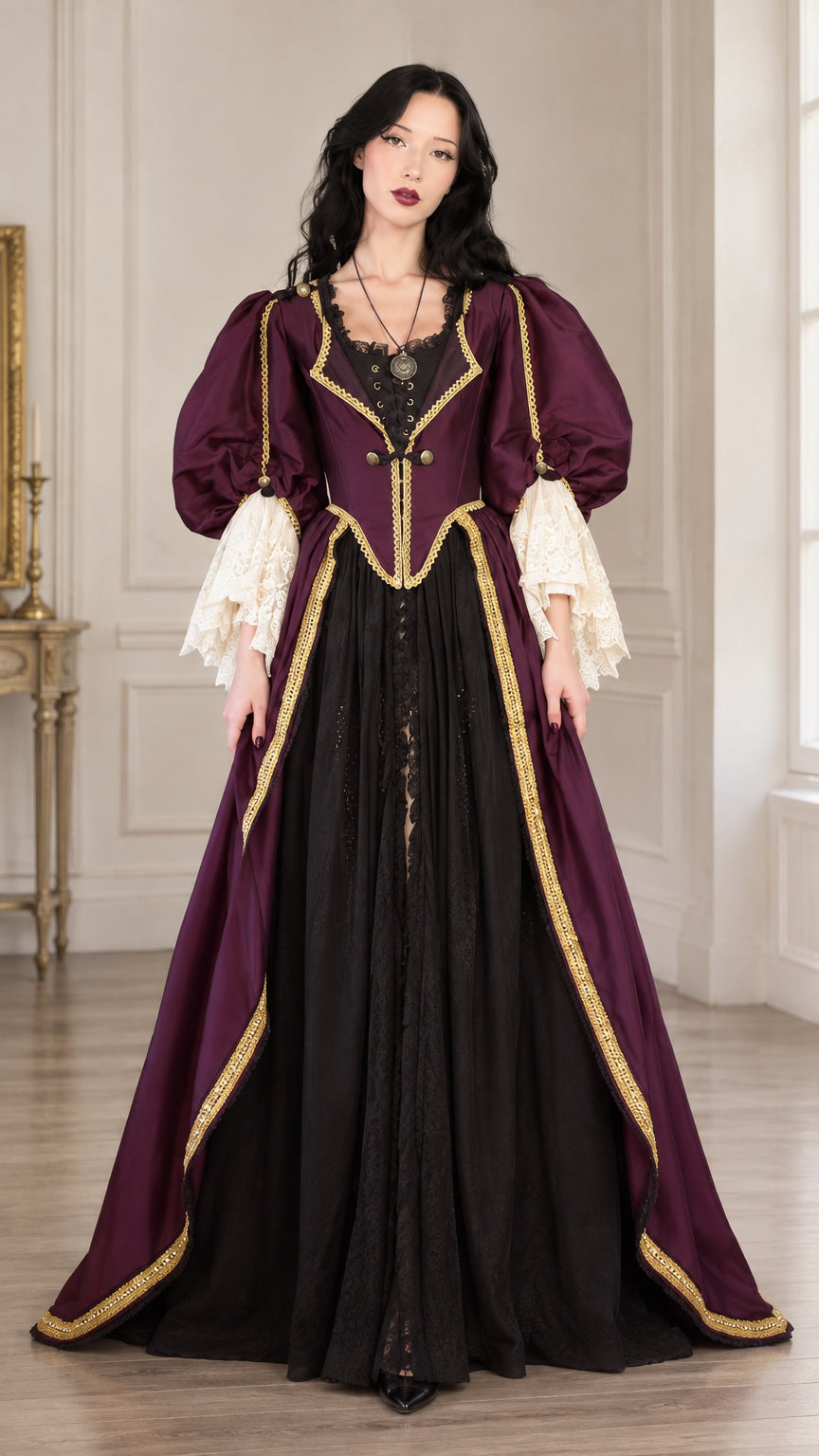 Full front view of women's purple renaissance medieval gown with gold trim and cream lace sleeves