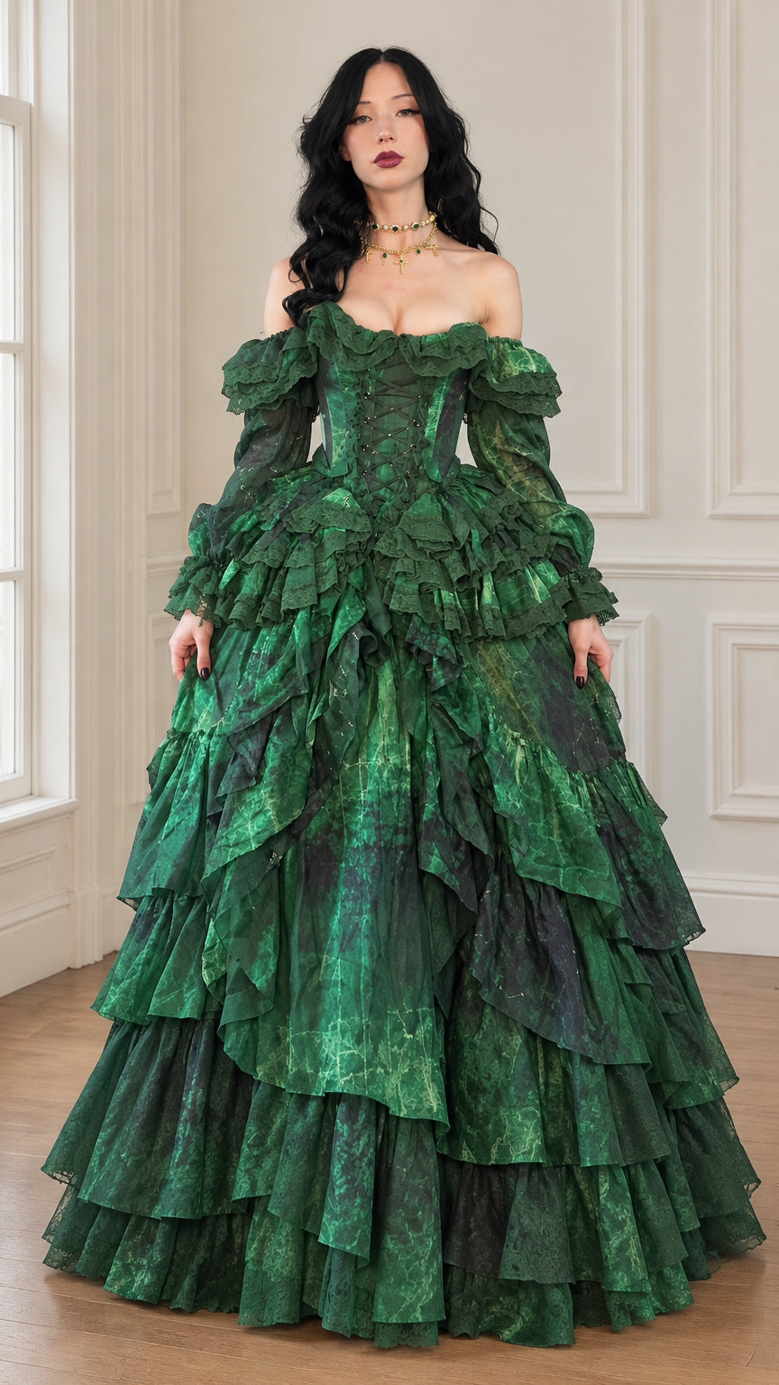 Front full-length view of the off-shoulder tiered Victorian ball gown in emerald green
