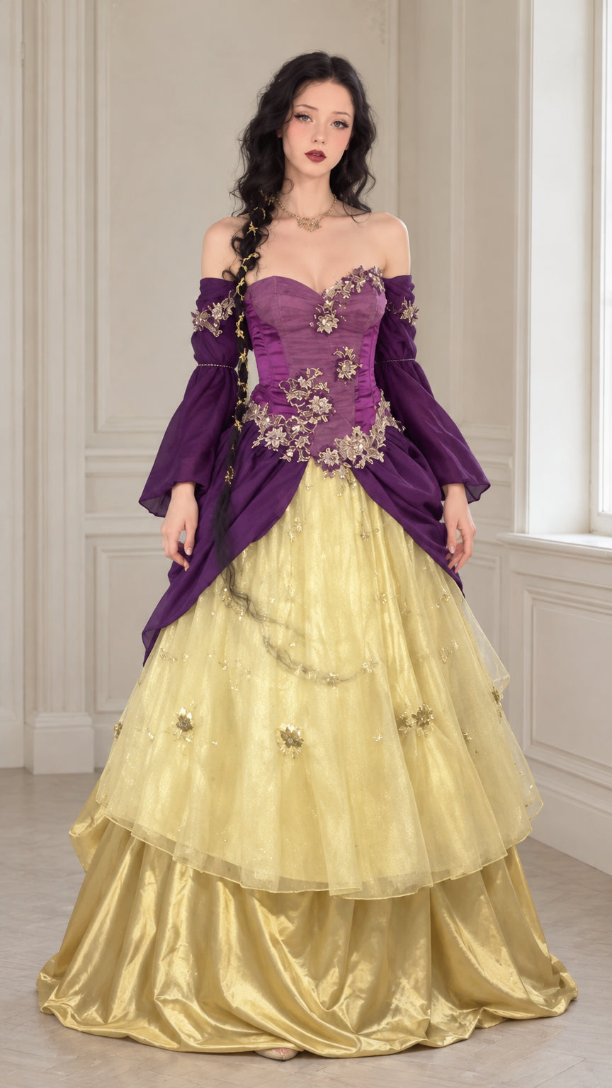 Front view of purple and gold Renaissance off-shoulder ball gown with floral embroidery