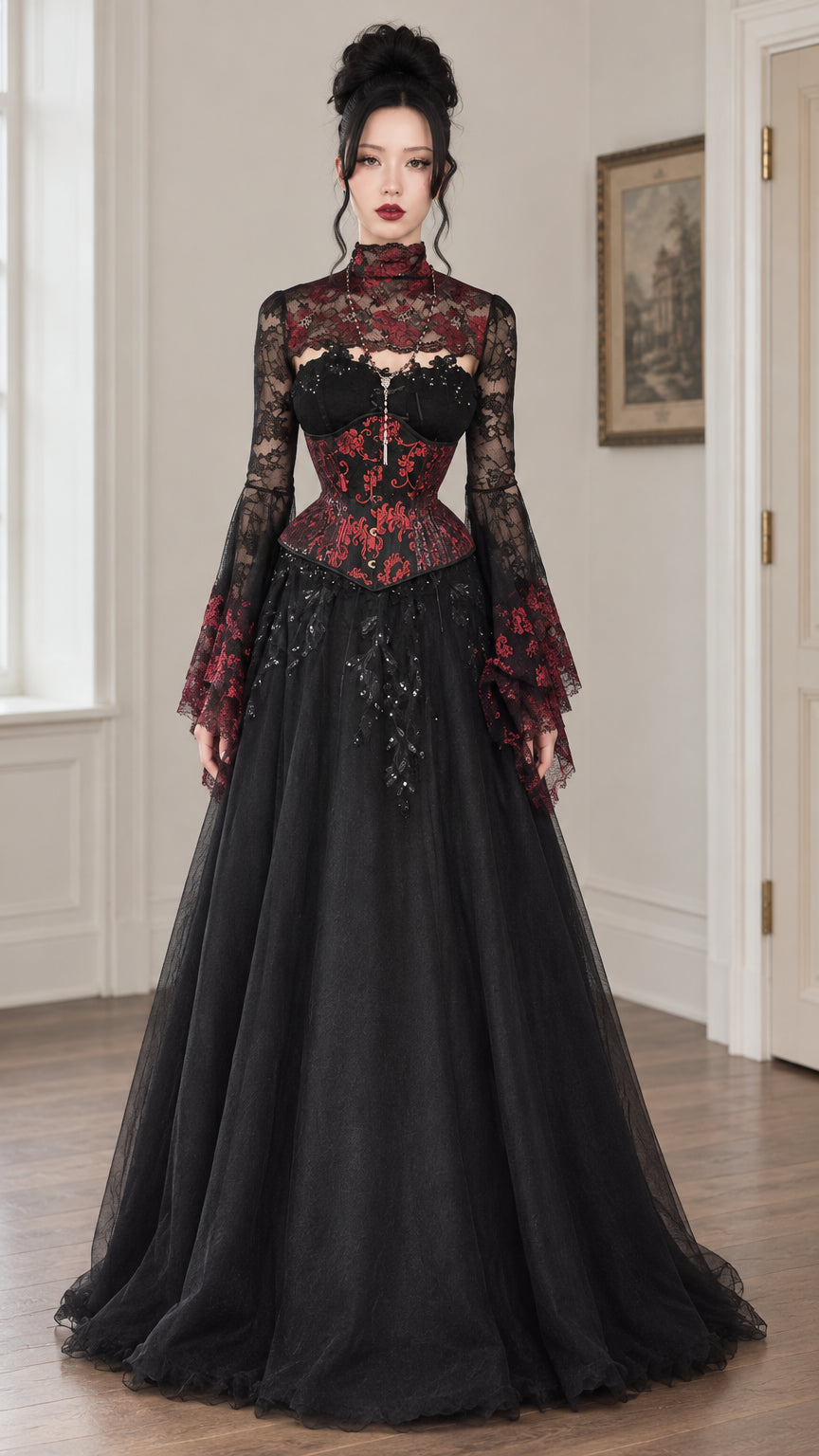 Full-length front view of black and red gothic Victorian lace corset ball gown with high neck and bell sleeves