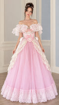 Full front view of a woman wearing a Victorian pink ball gown with off-shoulder ruffles and layered lace skirt