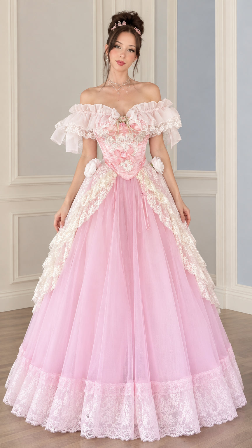 Full front view of a woman wearing a Victorian pink ball gown with off-shoulder ruffles and layered lace skirt