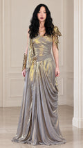 Silver grey Grecian goddess metallic draped maxi gown with gold shoulder accent front view