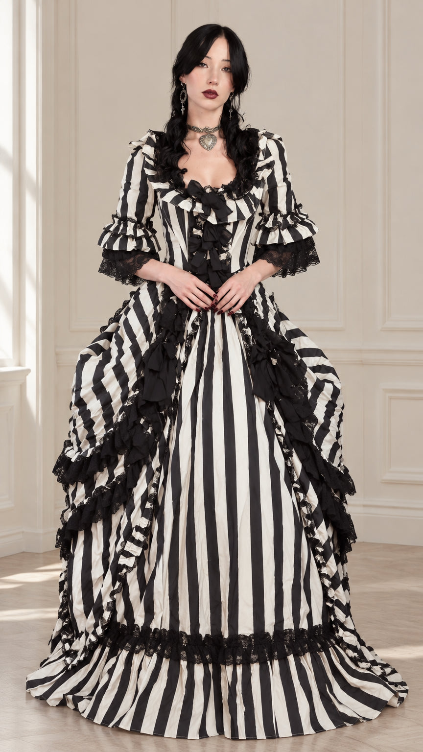 Front view of black and white striped Victorian gothic ball gown dress