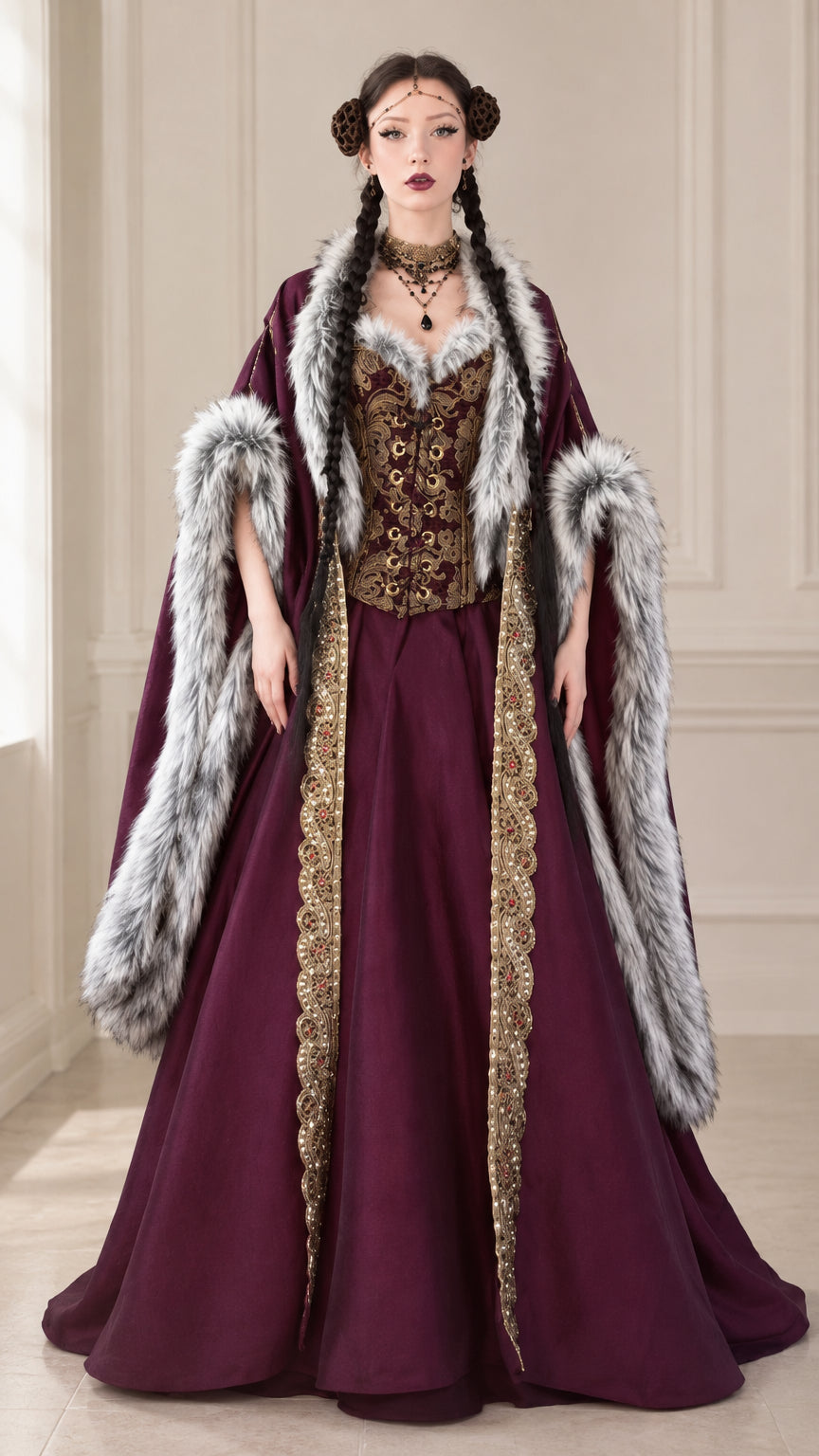 Front full view of burgundy medieval royal court gown with faux fur trim and gold lace