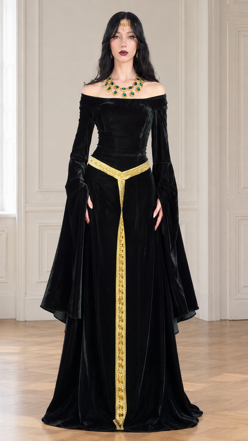 Full front view of model wearing black off-shoulder velvet Renaissance gown with gold trim and dramatic bell sleeves