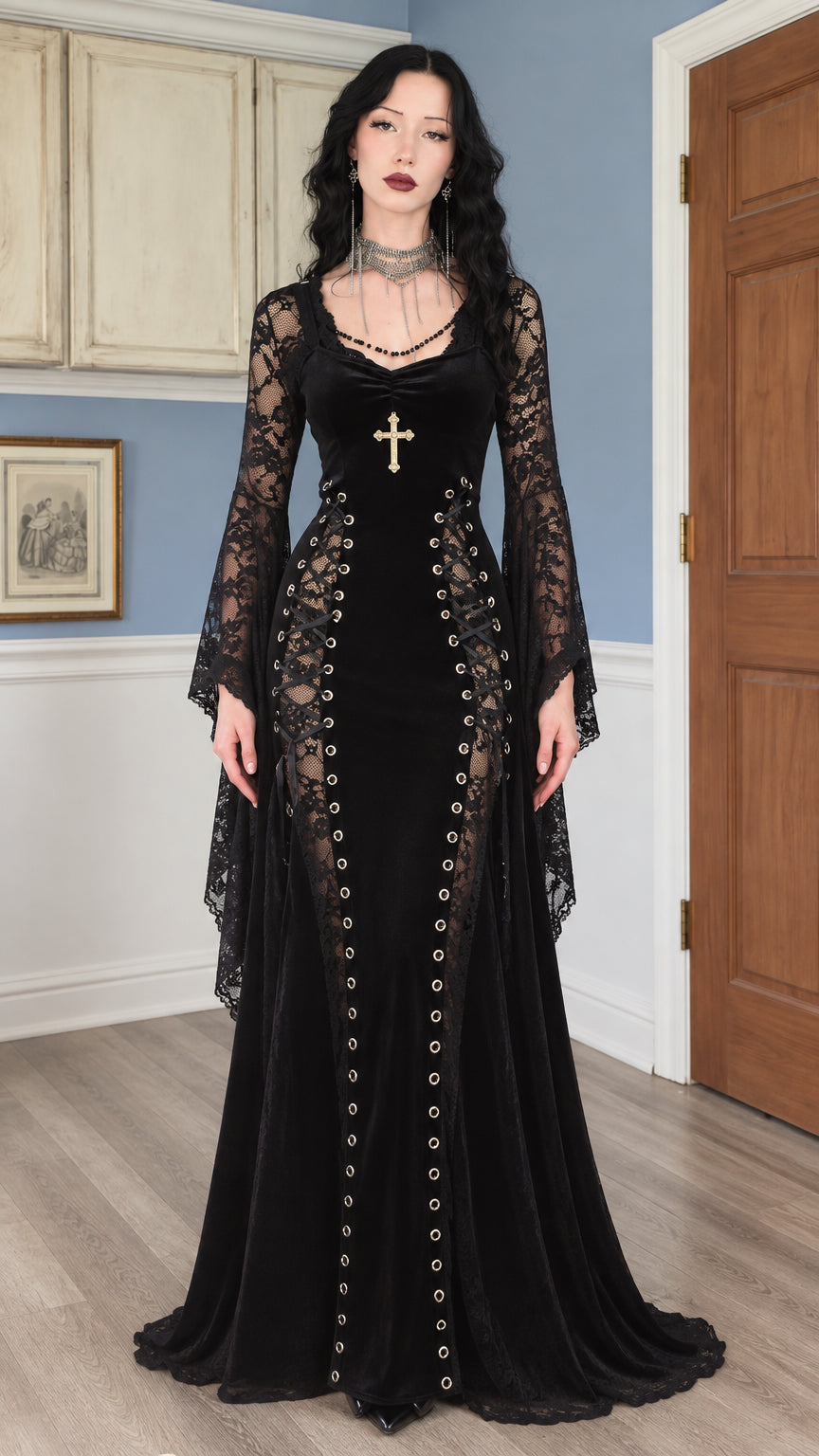 Full front view of gothic black velvet maxi dress with bell sleeves and lace-up details