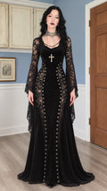 Full front view of gothic black velvet maxi dress with bell sleeves and lace-up details