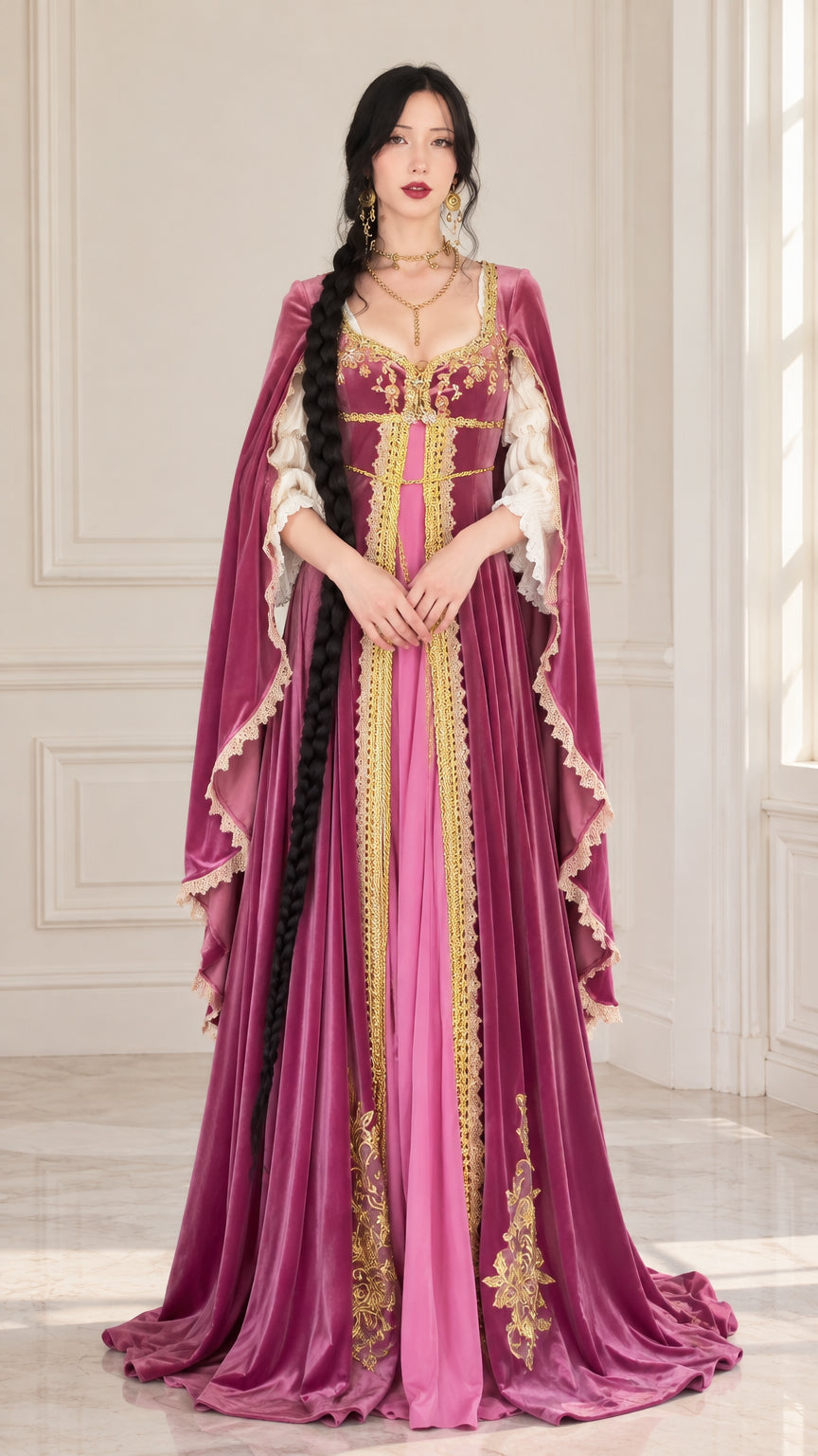 Front full-length view of woman wearing magenta medieval velvet gown with gold trim and sweeping cape sleeves