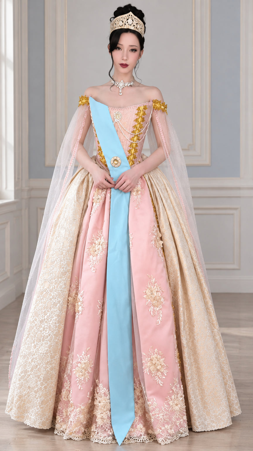 Front view of pink and gold royal ball gown with sash and draped sleeves