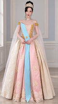 Front view of pink and gold royal ball gown with sash and draped sleeves