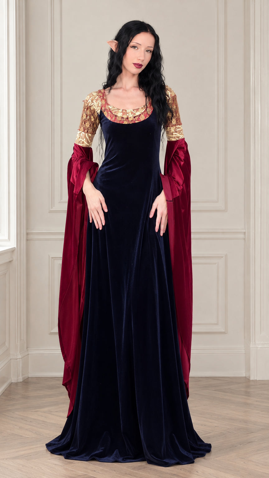 Front full-length view of navy blue velvet medieval gown with burgundy drape sleeves and gold lace trim