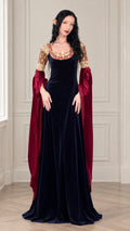 Front full-length view of navy blue velvet medieval gown with burgundy drape sleeves and gold lace trim
