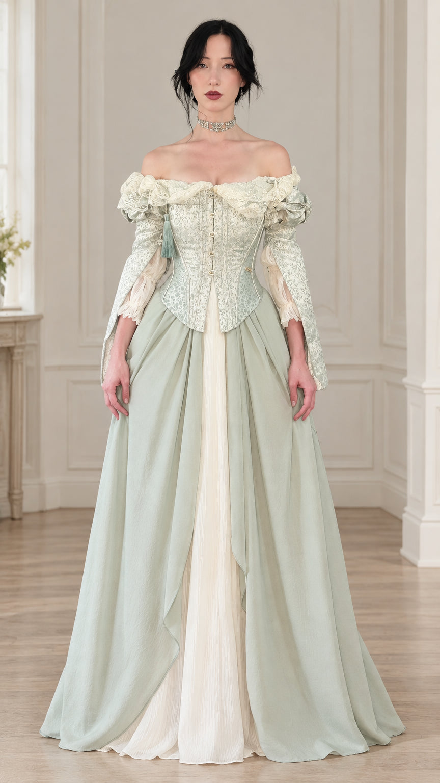 Front view of model wearing sage green vintage off-the-shoulder jacquard corset ball gown