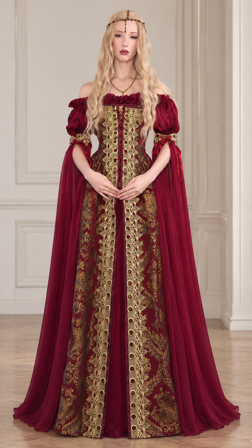 Front view of model wearing burgundy renaissance medieval gown with golden jacquard corset panel and floor-length cape sleeves