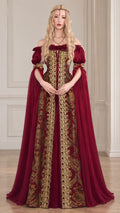 Front view of model wearing burgundy renaissance medieval gown with golden jacquard corset panel and floor-length cape sleeves