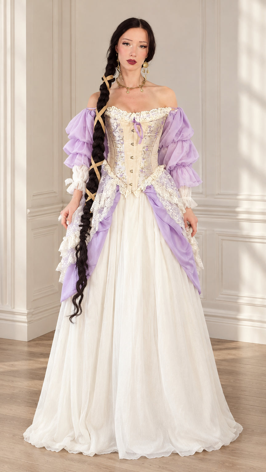Front view of model wearing lavender and white Renaissance off-shoulder corset ball gown with tiered sleeves