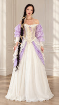 Front view of model wearing lavender and white Renaissance off-shoulder corset ball gown with tiered sleeves