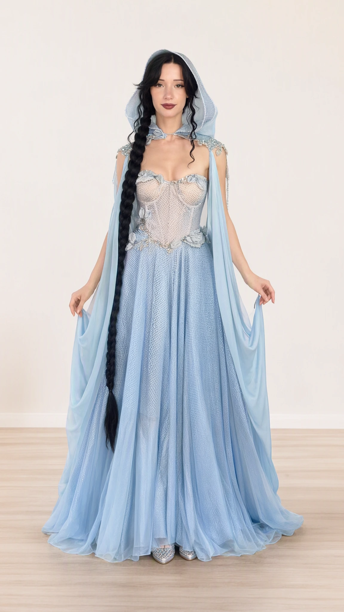 Front view of model wearing light blue hooded corset maxi gown with sweeping cape