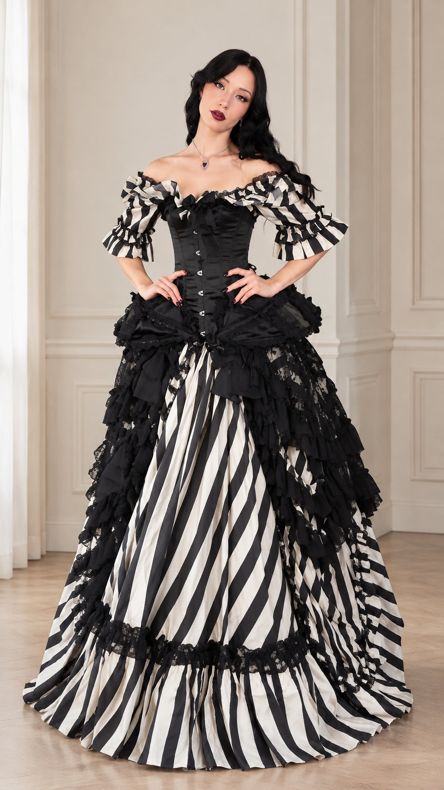 Front view of model wearing black and white striped Victorian gothic corset ball gown