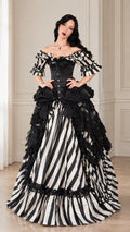 Front view of model wearing black and white striped Victorian gothic corset ball gown
