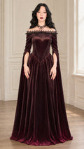 Burgundy velvet off-shoulder Renaissance gown front view with lace trim and split bell sleeves