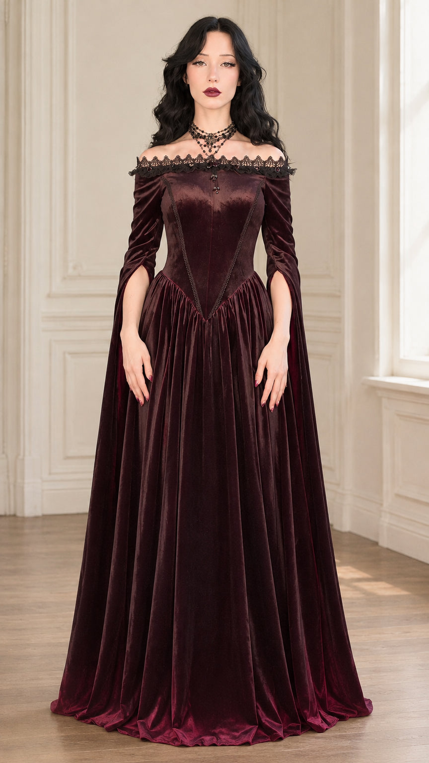 Burgundy velvet off-shoulder Renaissance gown front view with lace trim and split bell sleeves
