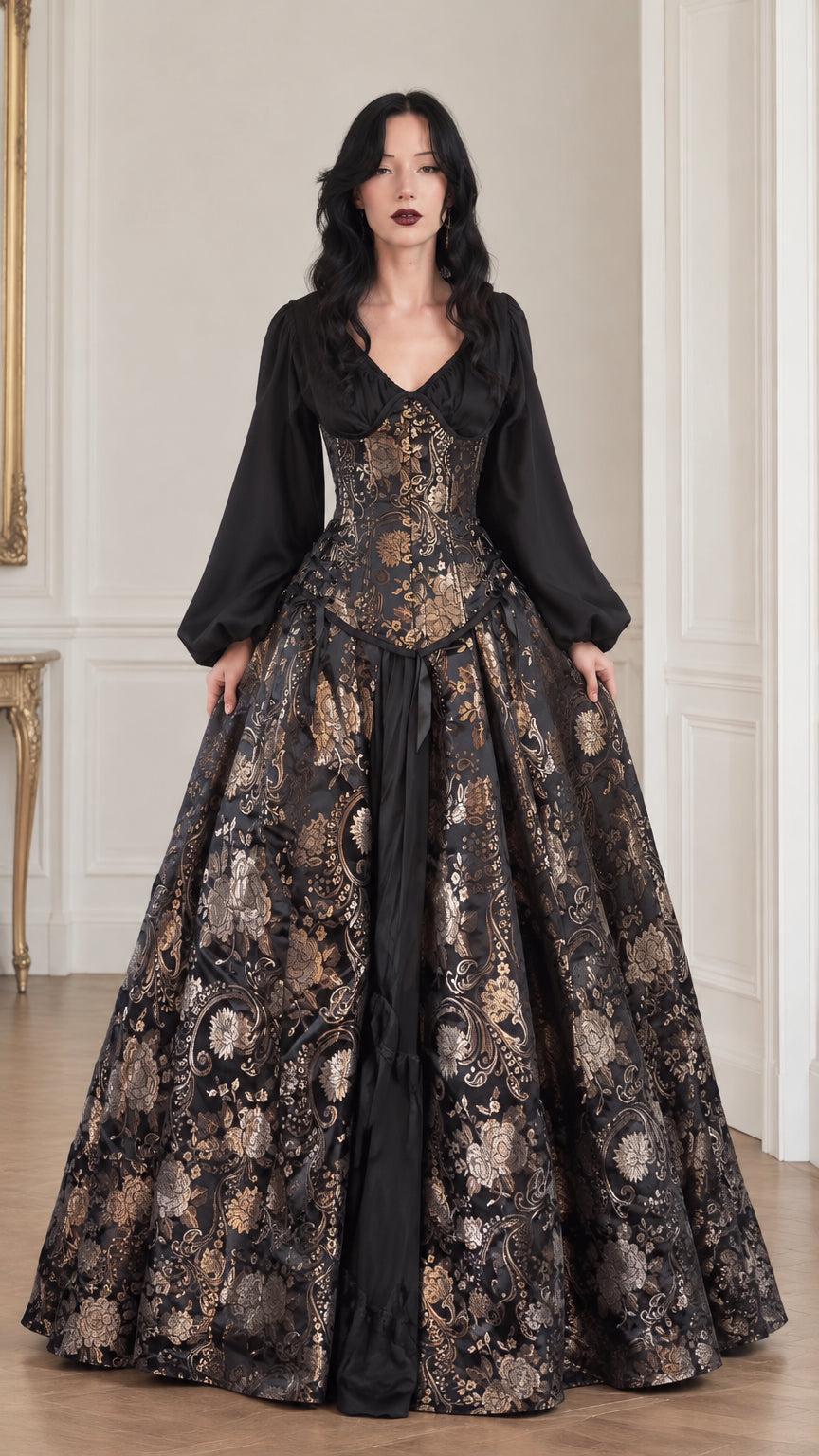 Full front view of black and gold jacquard Victorian ball gown with corset bodice and black lantern sleeves