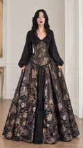 Full front view of black and gold jacquard Victorian ball gown with corset bodice and black lantern sleeves