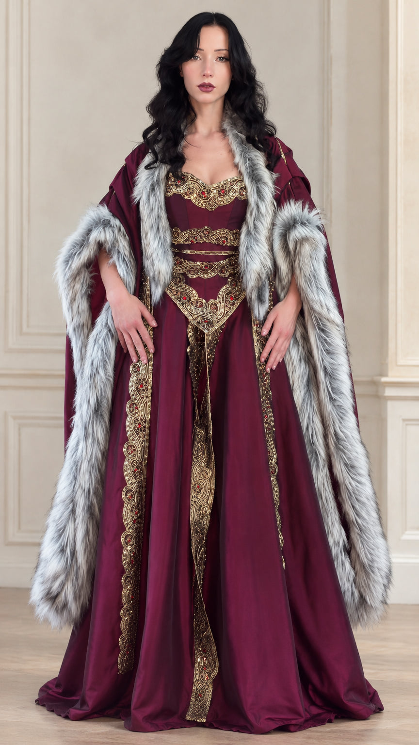Front view of burgundy Renaissance embroidered gown with matching faux fur trimmed cape