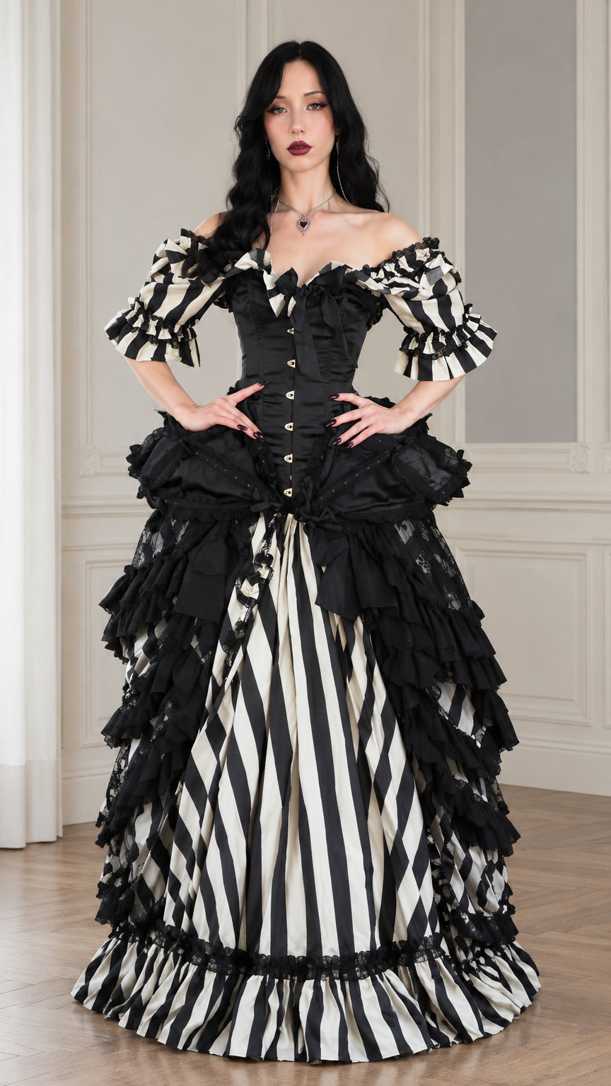 Front full-length view of the black and white striped Victorian gothic corset ball gown with tiered ruffles