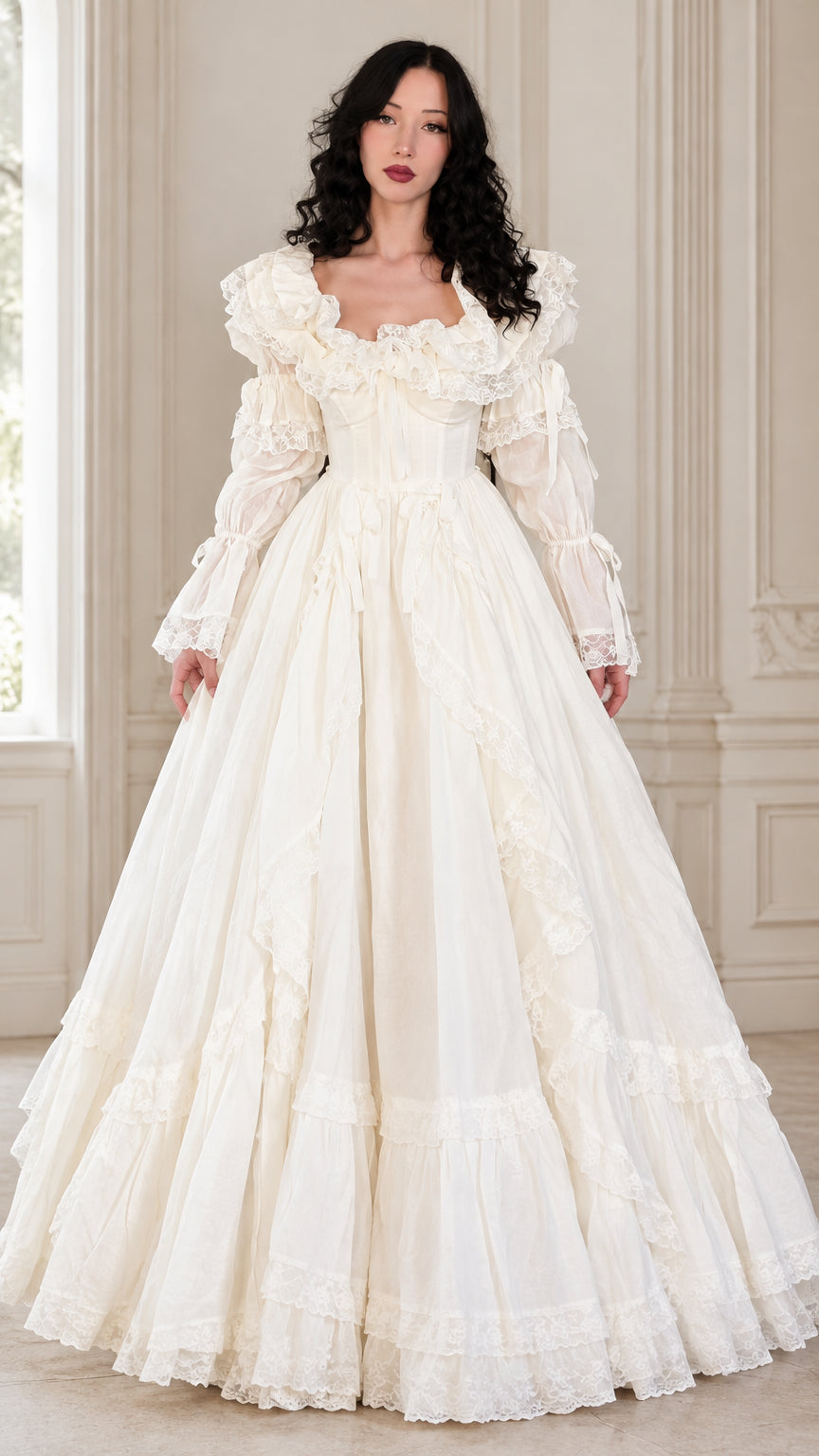 Front full-length view of woman wearing ivory Victorian corset lace ball gown with tiered skirt