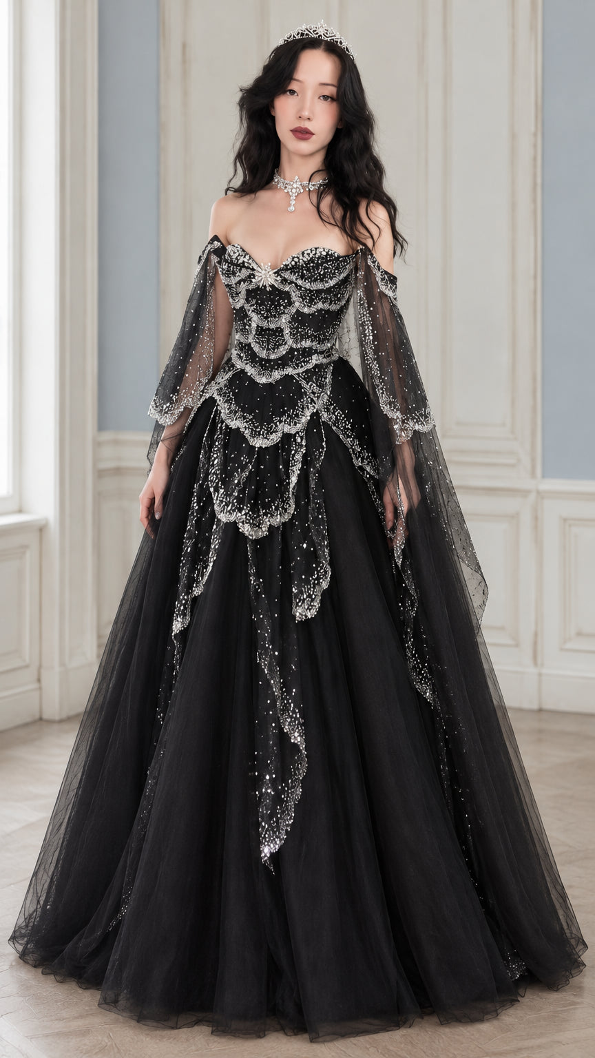 Front view of model wearing black off-shoulder sequin petal tulle ball gown