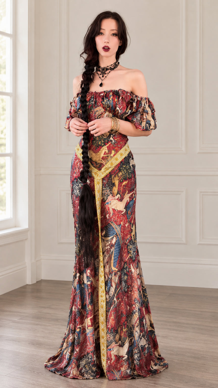 Front full view of woman wearing burgundy Renaissance tapestry print off-shoulder maxi dress with gold waist trim