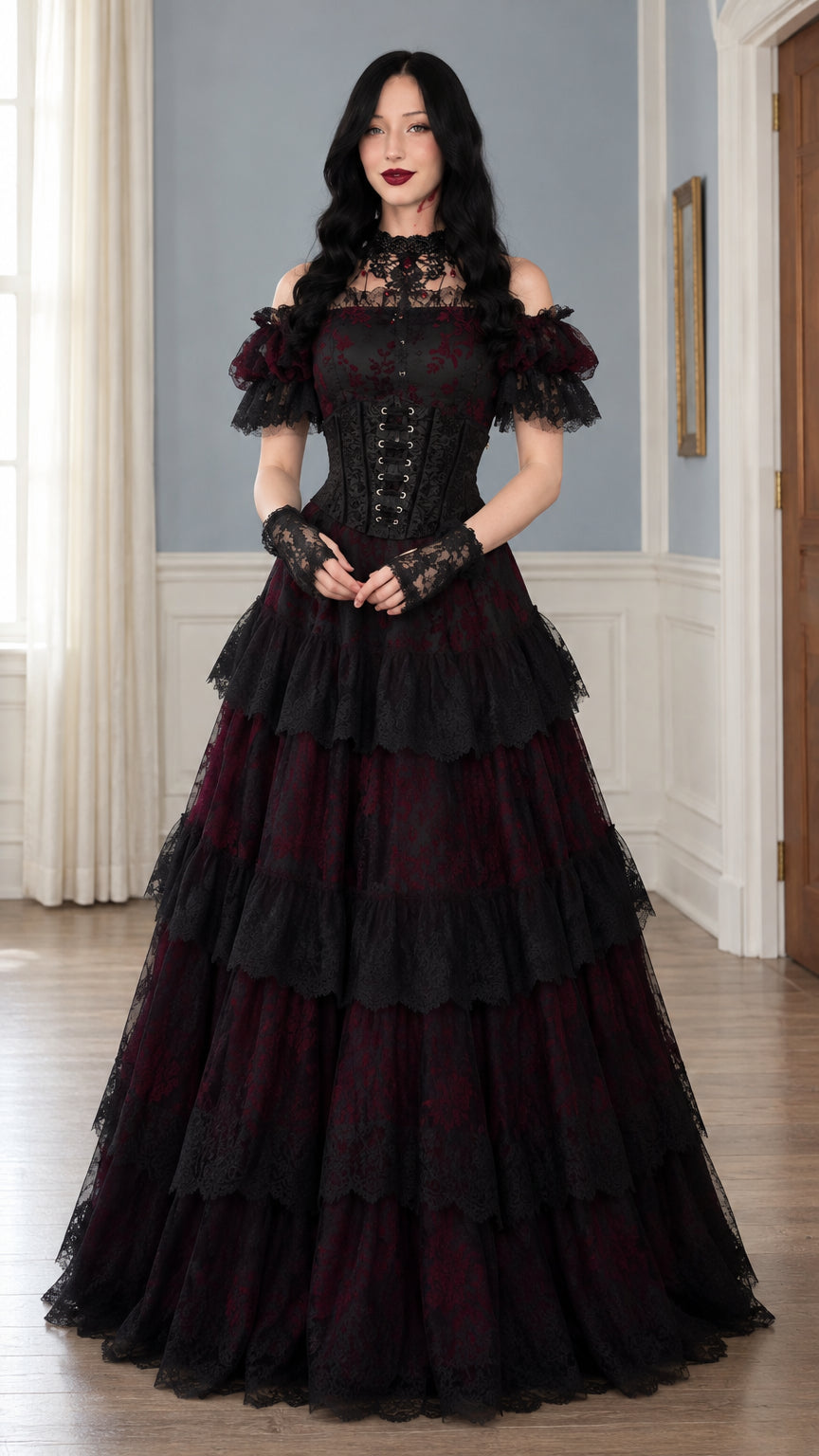 Front view of model wearing burgundy and black tiered gothic lace corset ball gown