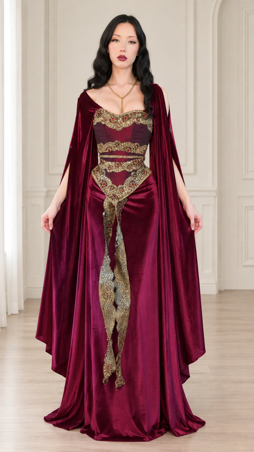 Front view of burgundy velvet medieval maxi gown with dramatic cape sleeves and gold embroidery