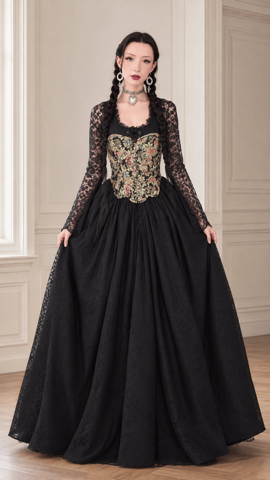Front full-length view of the black vintage floral tapestry lace ball gown