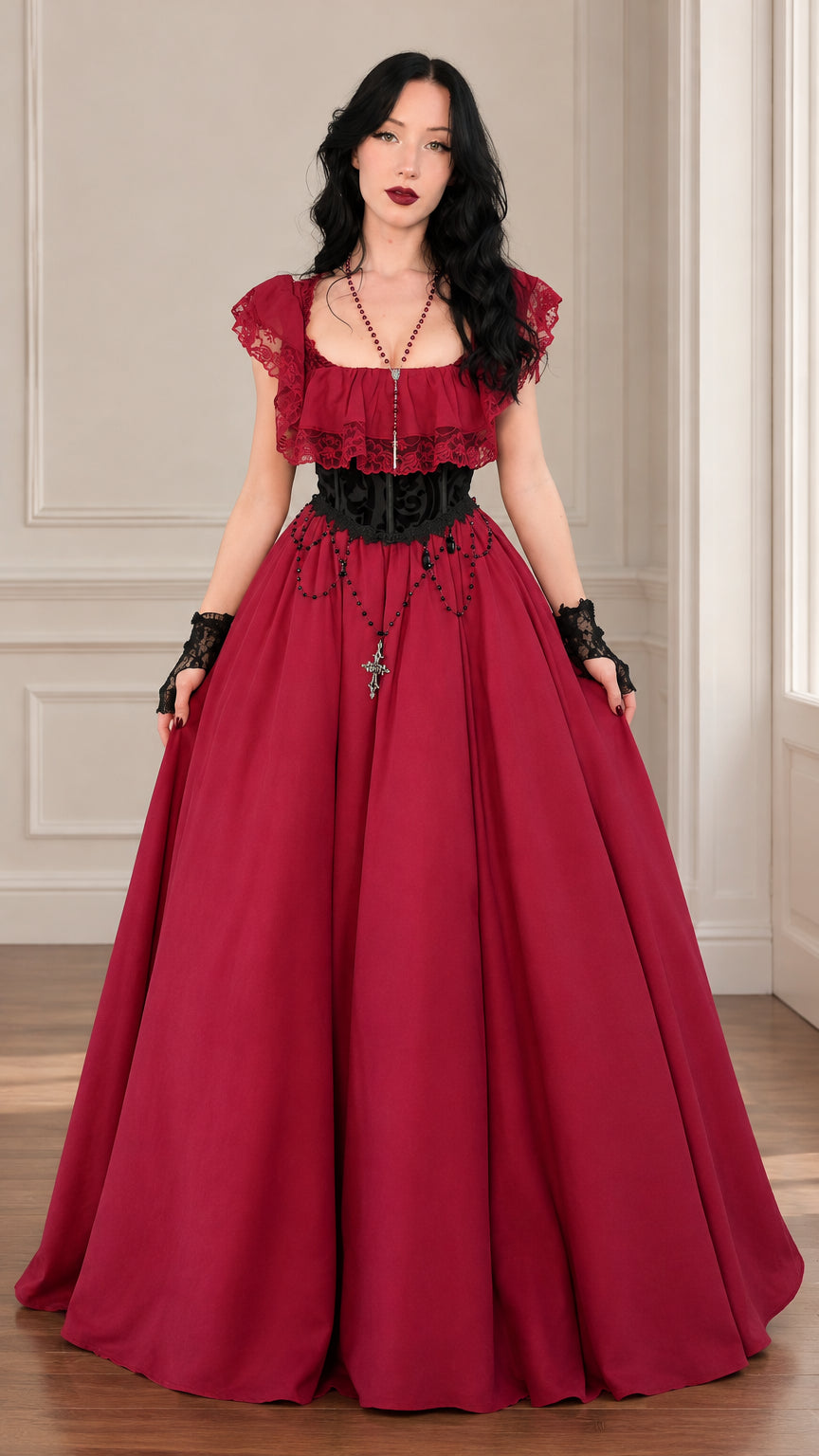 Full front view of women's Gothic Victorian maxi ball gown in wine red with lace ruffles and waist cincher