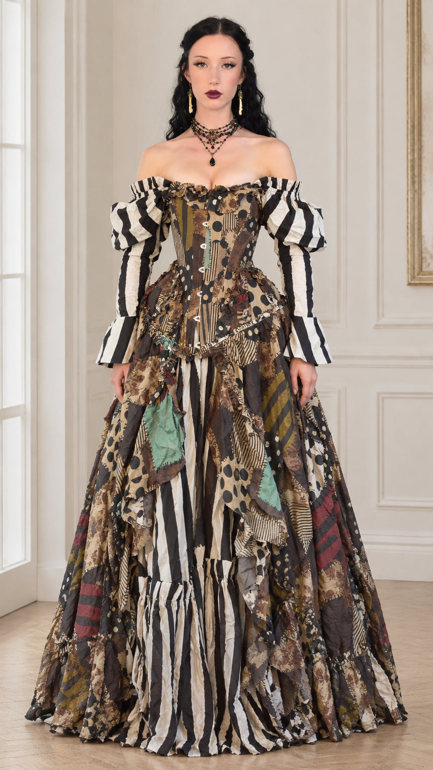 Full front view of women's vintage brown patchwork off-shoulder corset ball gown
