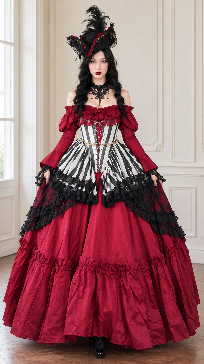 Victorian gothic wine red ballgown with black and white striped corset bodice front view