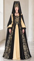 Full front view of women's medieval renaissance gown in black and gold brocade