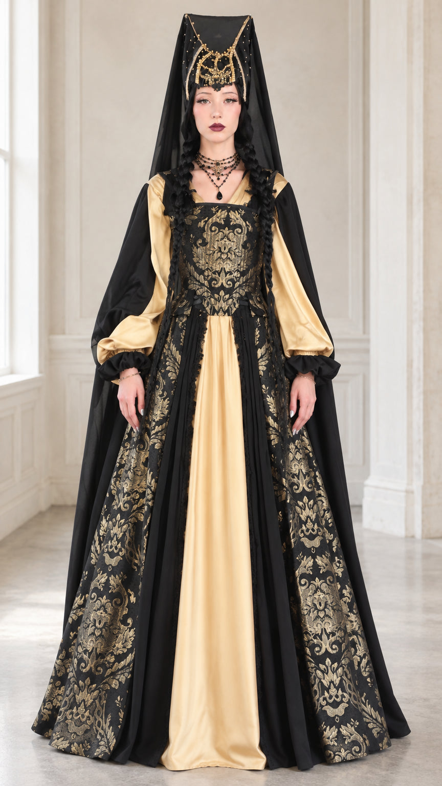 Full front view of women's medieval renaissance gown in black and gold brocade