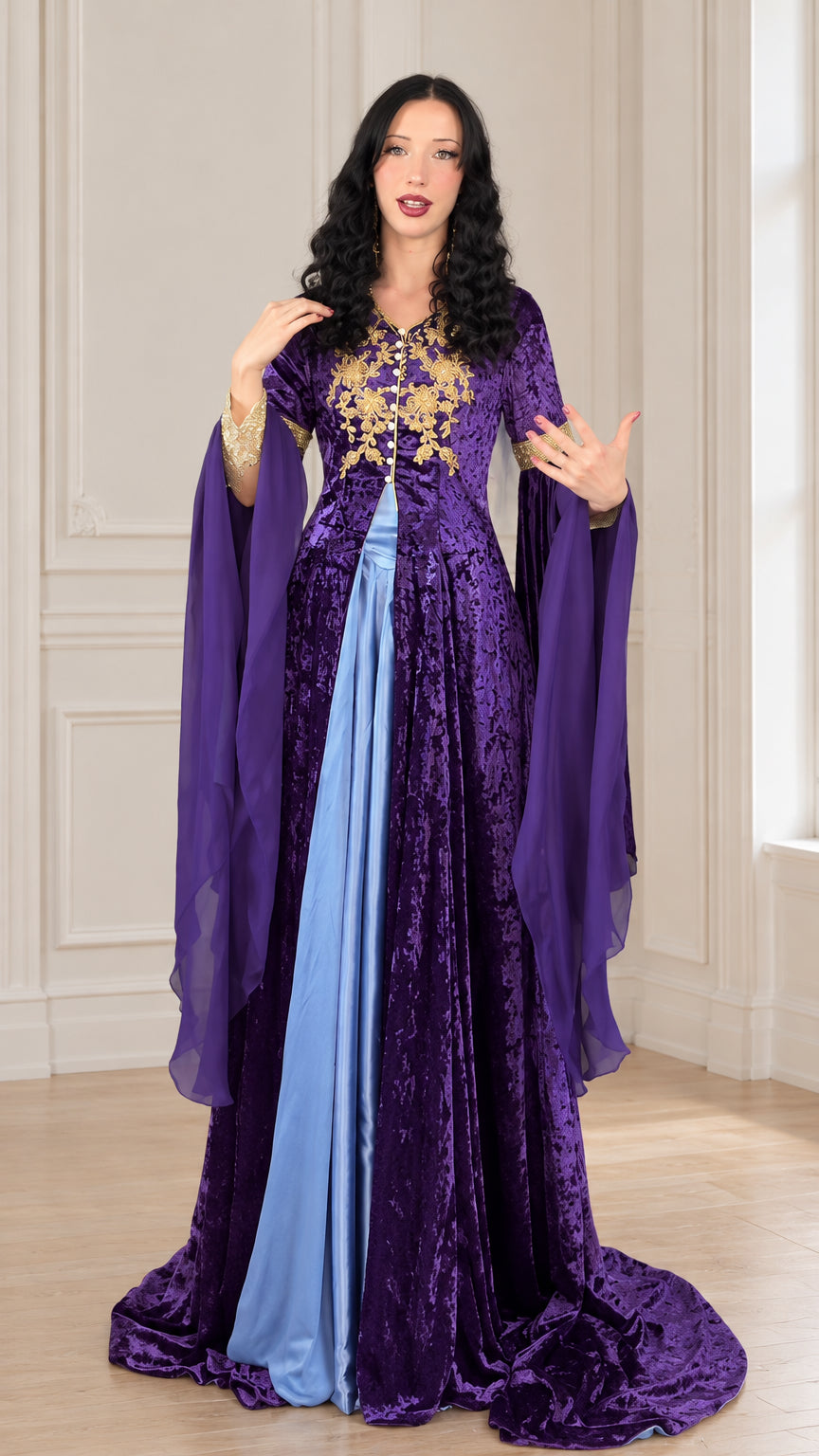 Front full-length view of royal purple medieval renaissance crushed velvet gown with gold embroidery and draped sleeves