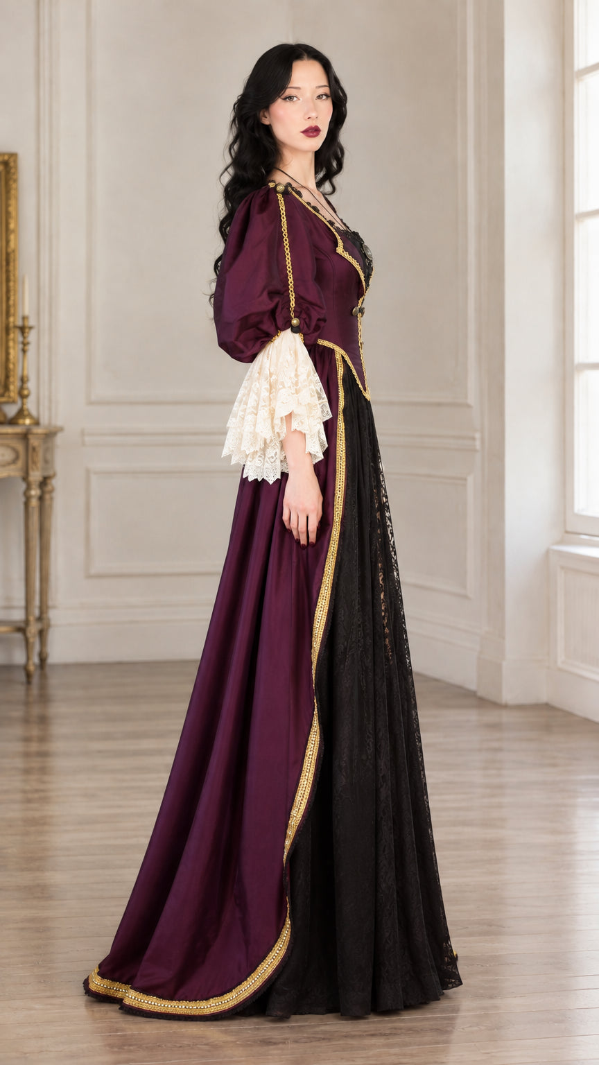 Side angle view of the purple victorian gown showing layered split skirt and flare cuffs