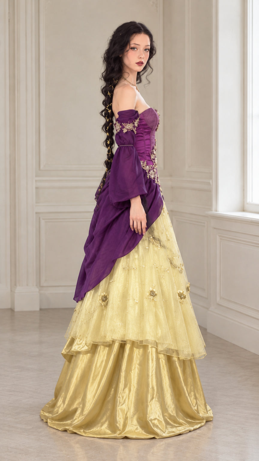 Side angle of purple and gold Renaissance ball gown showing draped overskirt silhouette