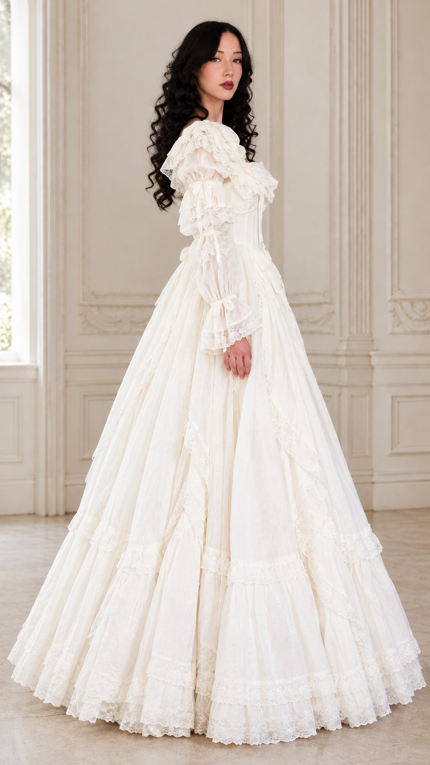 Side profile view of ivory vintage Renaissance gown with ruffled lace tiers and long flounce sleeves
